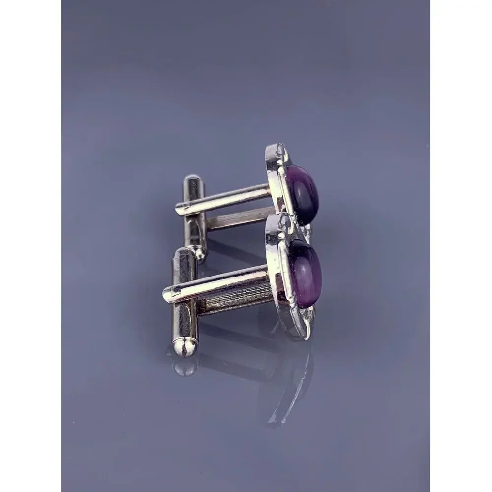 Purple Round Cabochon Cufflinks Silver Tone Modernist Simple Cats Eye Vintage